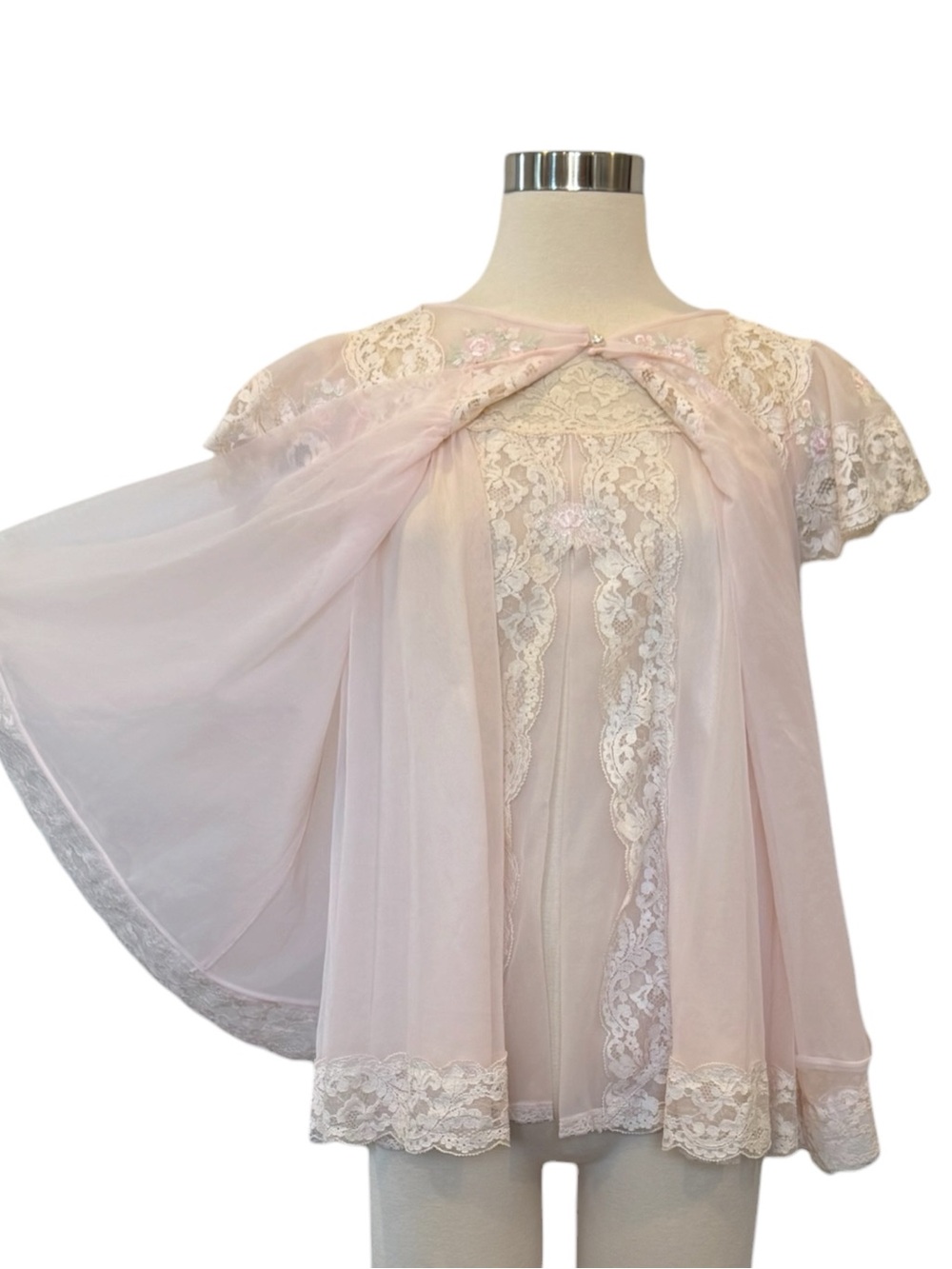 60s Vintage Nylon Chiffon Pink Lace Embroidered Babydoll Slip Robe Peignoir Set